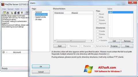 Skjermbilde FileZilla Server Windows 7